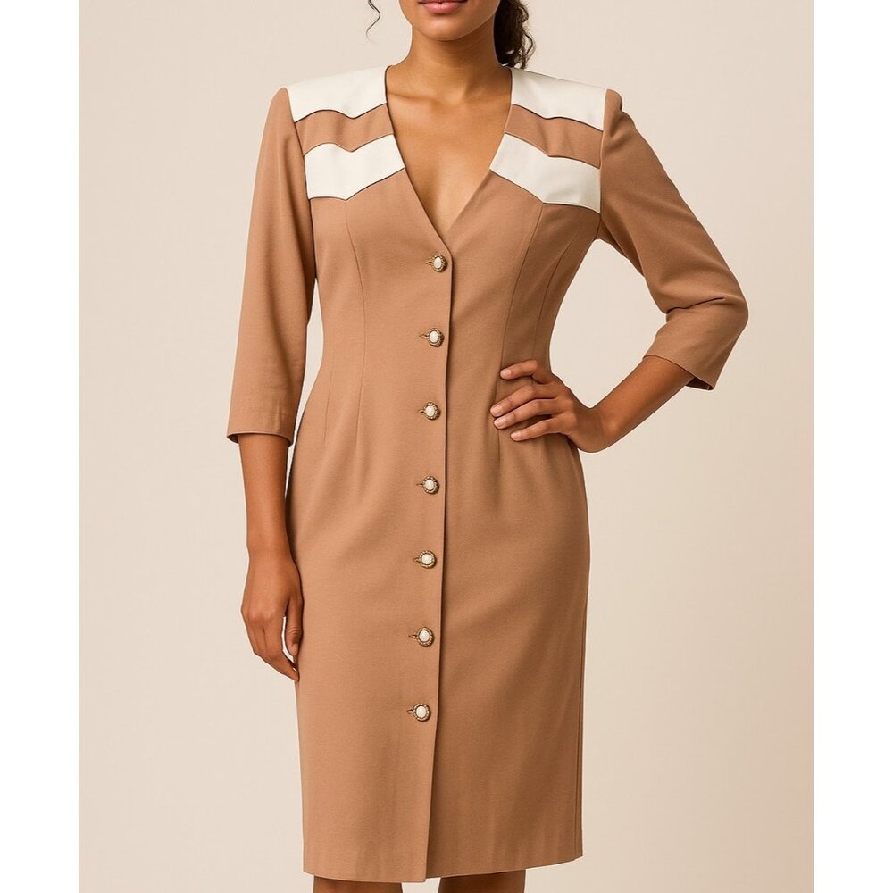 Vintage 80s Positive‎ Influence Dress Made in USA Size M Taupe White Yoke Midi